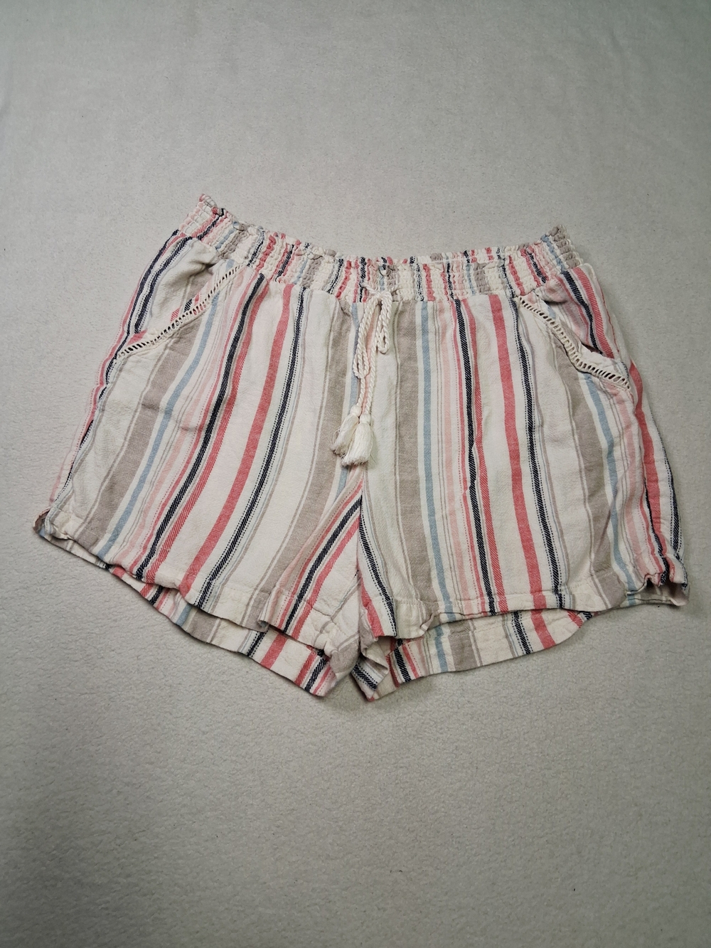 Briggs New York Striped High-Waist Tassel Drawstring Shorts - Pink, Blue, Tan